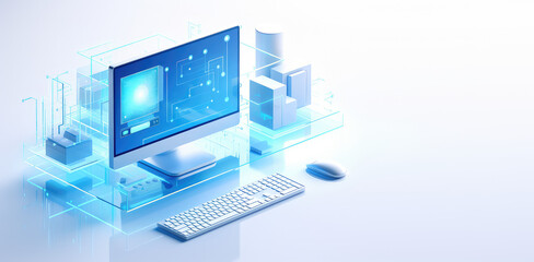 isometric icon of computers, laptops, liaisons and technology equipment. copy space, creative banner