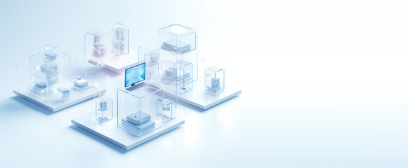 Isometric icon of computers, laptops, liaisons and technology equipment. Copy space, creative banner for computer service, tech repair, cloud storage. White blue colors. Generative AI illustration.