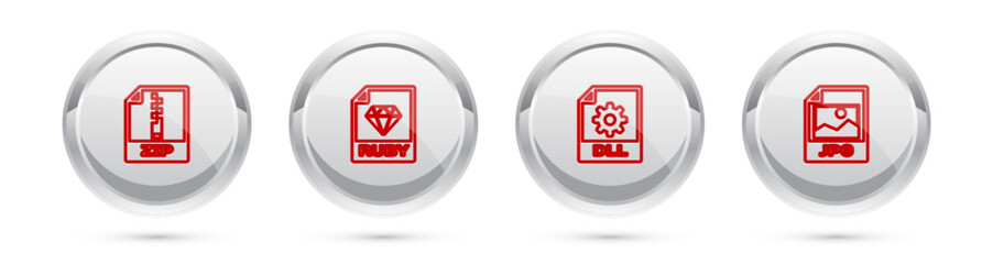 Set line ZIP file document, RUBY, DLL and JPG. Silver circle button. Vector