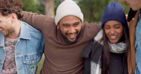 Poster - Camping, friends and fun on a walk outdoor with friendship in nature park feeling happy. Diversity, young people and communication with adventure, journey and travel on holiday in group with talk