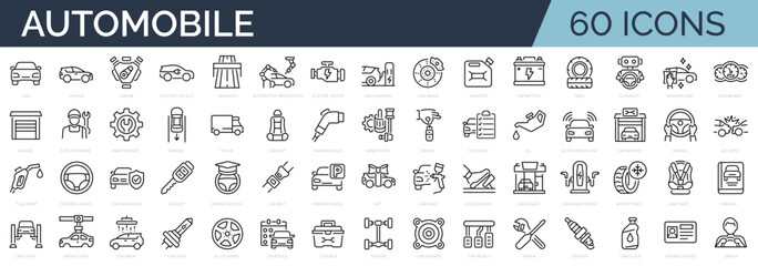 set of 60 outline icons related to car, auto, automobile. linear icon collection. editable stroke. v