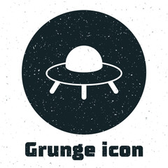 Wall Mural - Grunge UFO flying spaceship icon isolated on white background. Flying saucer. Alien space ship. Futuristic unknown flying object. Monochrome vintage drawing. Vector