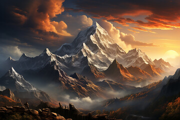 Poster - A dramatic mountain range, its peaks covered in snow and bathed in the golden light of sunrise, creating a majestic and awe-inspiring scene.  Generative AI technology.