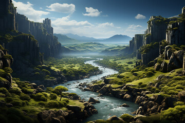 Poster - An aerial view of a winding river snaking through a lush green valley, surrounded by towering cliffs and dotted with small boats.  Generative AI technology.