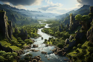 Poster - An aerial view of a winding river snaking through a lush green valley, surrounded by towering cliffs and dotted with small boats.  Generative AI technology.