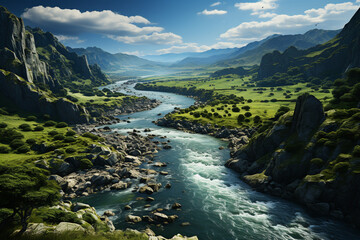 Poster - An aerial view of a winding river snaking through a lush green valley, surrounded by towering cliffs and dotted with small boats.  Generative AI technology.