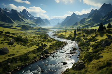 Poster - An aerial view of a winding river snaking through a lush green valley, surrounded by towering cliffs and dotted with small boats.  Generative AI technology.