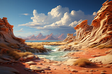 Poster - A desert landscape, with vast stretches of sand dunes sculpted by the wind and punctuated by clusters of cacti and rugged rock formations.  Generative AI technology.