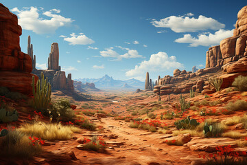 Poster - A desert landscape, with vast stretches of sand dunes sculpted by the wind and punctuated by clusters of cacti and rugged rock formations.  Generative AI technology.