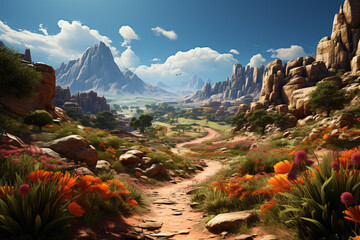 Poster - A desert landscape, with vast stretches of sand dunes sculpted by the wind and punctuated by clusters of cacti and rugged rock formations.  Generative AI technology.