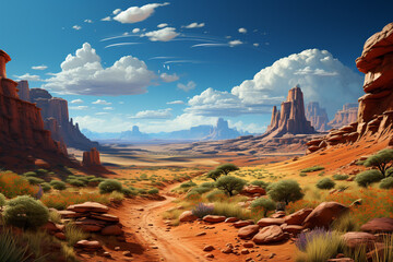 Poster - A desert landscape, with vast stretches of sand dunes sculpted by the wind and punctuated by clusters of cacti and rugged rock formations.  Generative AI technology.