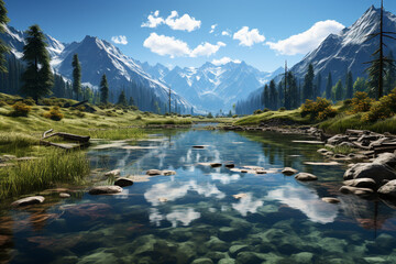 Poster - A serene lake nestled between towering mountains, with a mirror-like surface reflecting the surrounding landscape and the clear blue sky.  Generative AI technology.