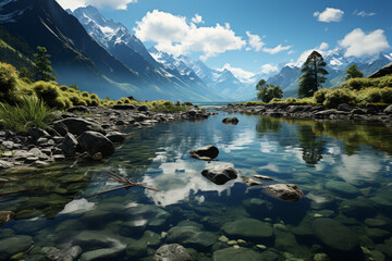 Poster - A serene lake nestled between towering mountains, with a mirror-like surface reflecting the surrounding landscape and the clear blue sky.  Generative AI technology.