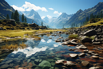 Poster - A serene lake nestled between towering mountains, with a mirror-like surface reflecting the surrounding landscape and the clear blue sky.  Generative AI technology.