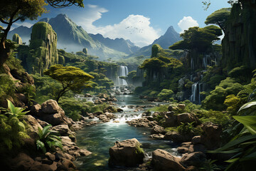 Poster - A cascading waterfall in a lush rainforest, surrounded by lush vegetation and creating a mesmerizing display of water and mist. Generative AI technology.