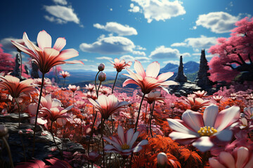 Poster - A vibrant and colorful flower field, with rows of blooming tulips, daisies, and sunflowers creating a stunning display of natural beauty.  Generative AI technology.