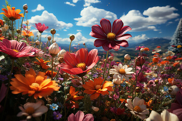Poster - A vibrant and colorful flower field, with rows of blooming tulips, daisies, and sunflowers creating a stunning display of natural beauty.  Generative AI technology.