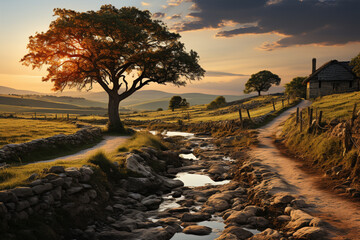 Poster - A serene countryside scene during sunset, with soft golden light bathing the fields and casting long shadows from the trees.  Generative AI technology.