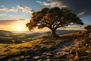 Poster - A serene countryside scene during sunset, with soft golden light bathing the fields and casting long shadows from the trees.  Generative AI technology.