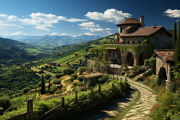 Poster - A picturesque vineyard, with rows of lush green grapevines stretching into the distance, accompanied by a rustic winery building.  Generative AI technology.