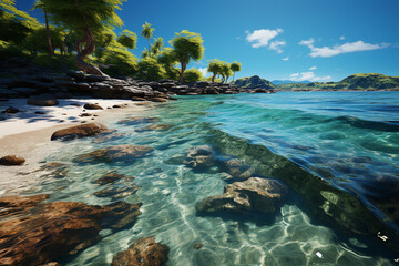 Poster - A serene tropical beach, with crystal-clear turquoise waters, palm trees swaying in the breeze, and white sand stretching for miles.  Generative AI technology.