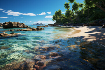Poster - A serene tropical beach, with crystal-clear turquoise waters, palm trees swaying in the breeze, and white sand stretching for miles.  Generative AI technology.