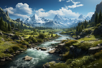 Poster - A breathtaking view from a mountaintop, with a panoramic vista of snow-capped peaks, deep valleys, and meandering rivers.  Generative AI technology.