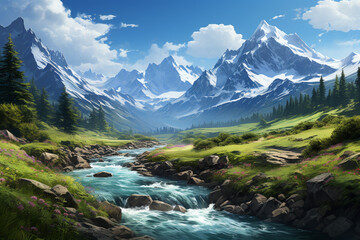 Poster - A breathtaking view from a mountaintop, with a panoramic vista of snow-capped peaks, deep valleys, and meandering rivers.  Generative AI technology.