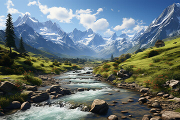 Poster - A breathtaking view from a mountaintop, with a panoramic vista of snow-capped peaks, deep valleys, and meandering rivers.  Generative AI technology.