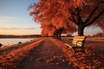 Poster - A serene countryside scene during autumn, with trees ablaze in vibrant shades of red, orange, and yellow, creating a tapestry of colors.  Generative AI technology.