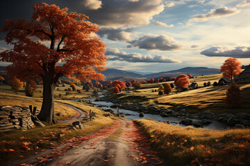 Poster - A serene countryside scene during autumn, with trees ablaze in vibrant shades of red, orange, and yellow, creating a tapestry of colors.  Generative AI technology.