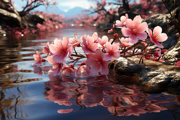 Poster - A tranquil pond surrounded by blooming cherry blossoms, with their delicate pink petals reflecting on the water's surface.  Generative AI technology.