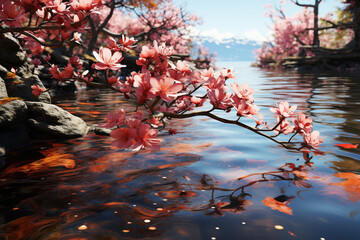 Poster - A tranquil pond surrounded by blooming cherry blossoms, with their delicate pink petals reflecting on the water's surface.  Generative AI technology.