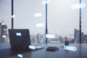 Wall Mural - double exposure of abstract creative programming illustration and modern desk with computer on backg