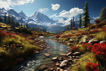 Poster - A serene alpine meadow, with snow-capped mountains in the background and a carpet of colorful wildflowers in the foreground,  Generative AI technology.