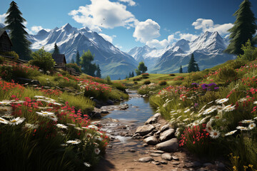 Poster - A serene alpine meadow, with snow-capped mountains in the background and a carpet of colorful wildflowers in the foreground,  Generative AI technology.