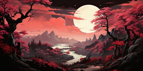 Wall Mural - AI Generated. AI Generative. Beautiful nature outdoor landscape beautiful sunset. coastline sea trees with sun moon mountain. Graphic Art