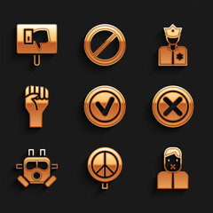 Sticker - Set Check mark in round, Peace, Censor and freedom of speech, X Mark, Cross circle, Gas mask, Raised hand with clenched fist, Police officer and Protest icon. Vector