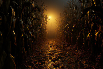 Poster - A haunted corn maze, with tall stalks, hidden scares, and visitors trying to find their way out.  Generative AI technology.