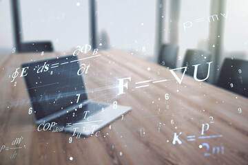 creative scientific formula hologram on modern laptop background, research concept. multiexposure