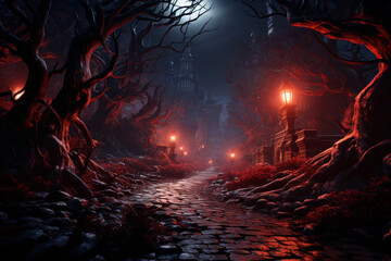 Poster - A spooky forest trail, with twisted branches, glowing eyes peering from the darkness, and eerie sounds echoing. Generative AI technology.