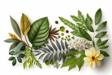 Wall Mural - Fresh Variety Plant Leaves And Flower Isolated In White background