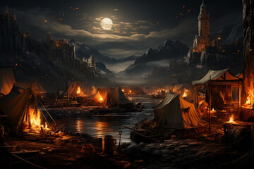 Poster - A makeshift campsite in a ruined city, with tents, scavenged supplies, and a flickering fire providing the only source of warmth.  Generative AI technology.