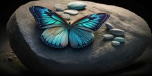 AI Generated. AI Generative. Beautiful Blue Butterfly On Zen Stone Pebble. Calm Meditation Nature Outdoor Landscape. Zen Spiritual Vibe. Graphic Art
