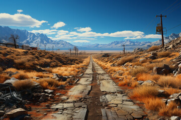 Poster - A desolate highway stretching into the distance, littered with abandoned vehicles and remnants of a world left behind.  Generative AI technology.