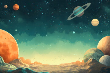 Wall Mural -  sci-fi space planet surface landscape with copy space, vintage illustration made with generative ai