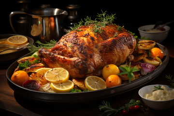 Poster - A turkey roasted to perfection, golden brown and garnished with herbs, surrounded by colorful seasonal vegetables.  Generative AI technology.