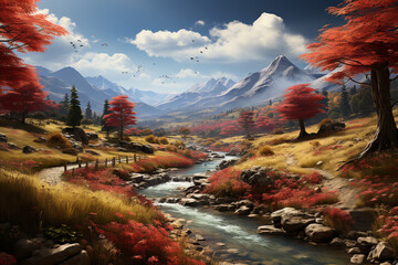 Poster - A scenic countryside landscape with colorful autumn foliage, representing the natural beauty of the season.  Generative AI technology.
