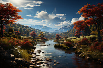 Poster - A scenic countryside landscape with colorful autumn foliage, representing the natural beauty of the season.  Generative AI technology.