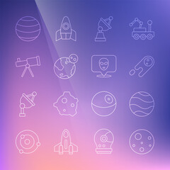 Poster - Set line Planet Mars, Comet falling down fast, Satellite dish, Earth globe, Telescope, and Alien icon. Vector